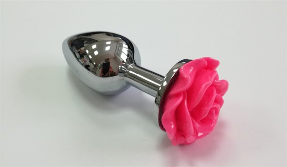 Анальная пробка металл серебро, стоппер-роза розовая 75*28мм - фото 47229