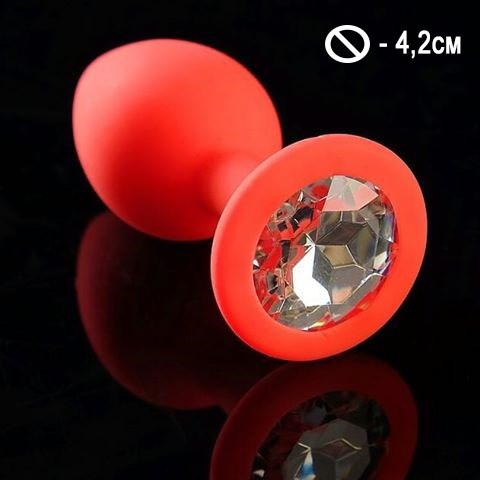 Анальная пробка силикон красный с белым кристаллом, L-4,2см, 74гр - фото 47235