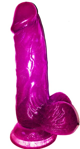 Фаллос с мошонкой на присоске пурпурный гель, 15*3,5см - фото 47464