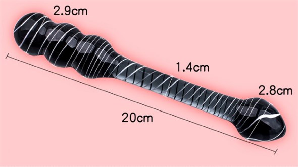 Фаллоимитатор двусторонний из черного стекла с белыми полосами - фото 47545