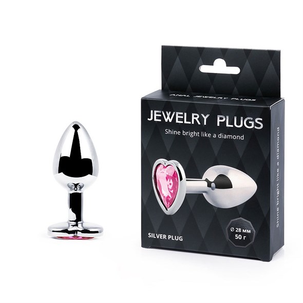 Плаг Jewelry Plug металл серебро, стопер-сердце розовое, D 28мм - фото 48708