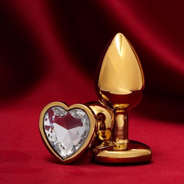 Анальная пробка металл золото, стопер-сердце прозрачное, D 28 мм - фото 49054