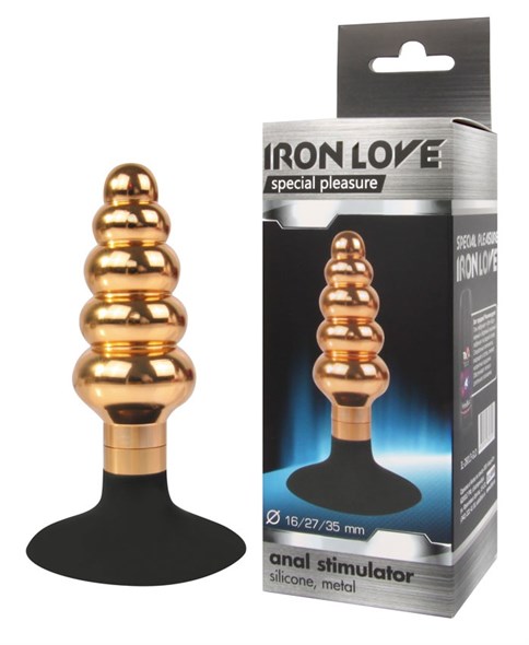 Анальная ёлочка Iron Love золотистый металл, присоска силикон, 10*3,5 см - фото 49082