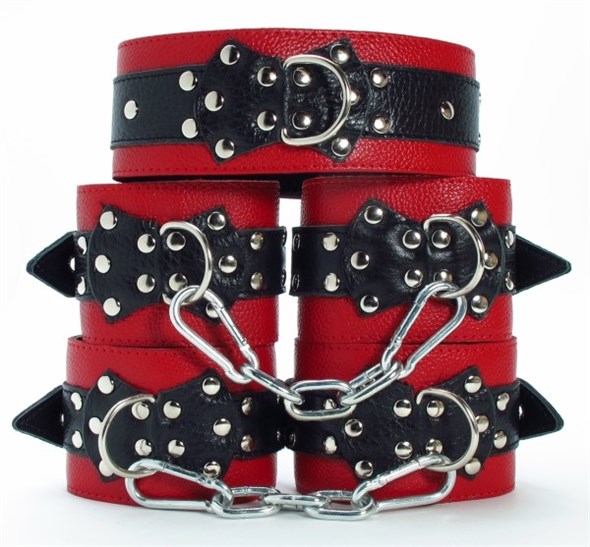 Набор 'Оковы' наручники+поножи+ошейник, черно-красная кожа с мехом - фото 51816