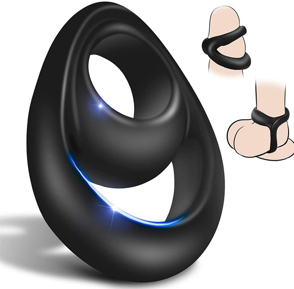 Эрекционное кольцо с полостью для мошонки, черный силикон - фото 52139