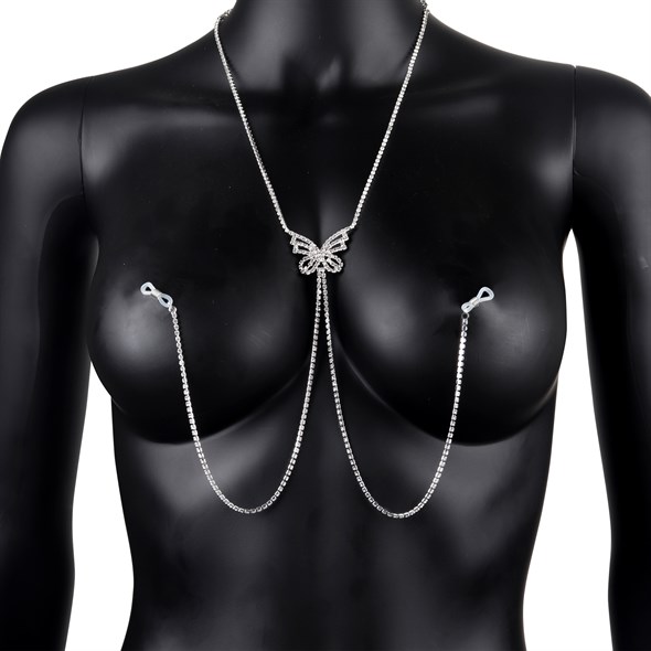 Интимная бижутерия. Ожерелье с бабочкой и зажимами сосков, серебрянное - фото 56299
