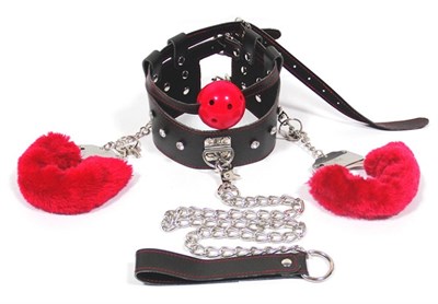 Комплект бондажа Roomfun кляп с наручниками на поводке, черно-краный