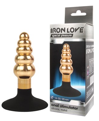 Анальная ёлочка Iron Love золотистый металл, присоска силикон, 9*3см