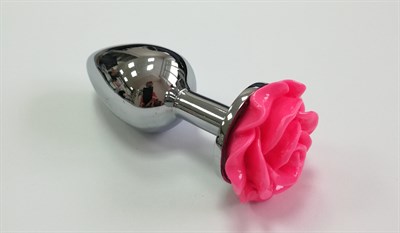 Анальная пробка металл серебро, стоппер-роза розовая 75*28мм