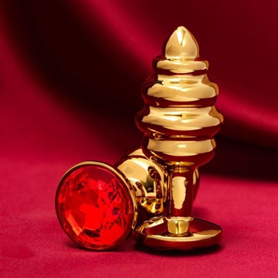 Анальный плаг ребристый металл золото, кристалл красный, D 29 мм