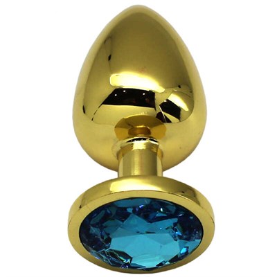Анальная пробка золотая, кристалл голубой 4*9 см
