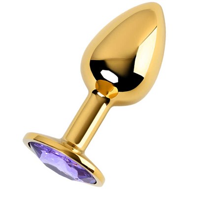 Анальная пробка металл под золото, с фиолетовым кристаллом, 7 см, ? 2,8 см