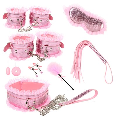 БДСМ набор MUQU розовый металлик с рюшами, 8 предметов