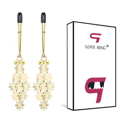 Зажимы на соски Love ring с подвесками-цветами, золотистые 00001308628