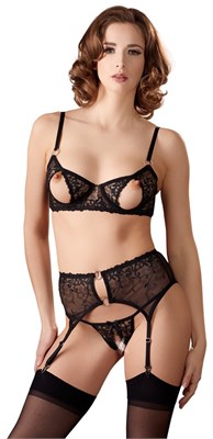 Комплект Cotelli Collection открытый бюст+трусы+пояс черный, 85C/L 00001308612
